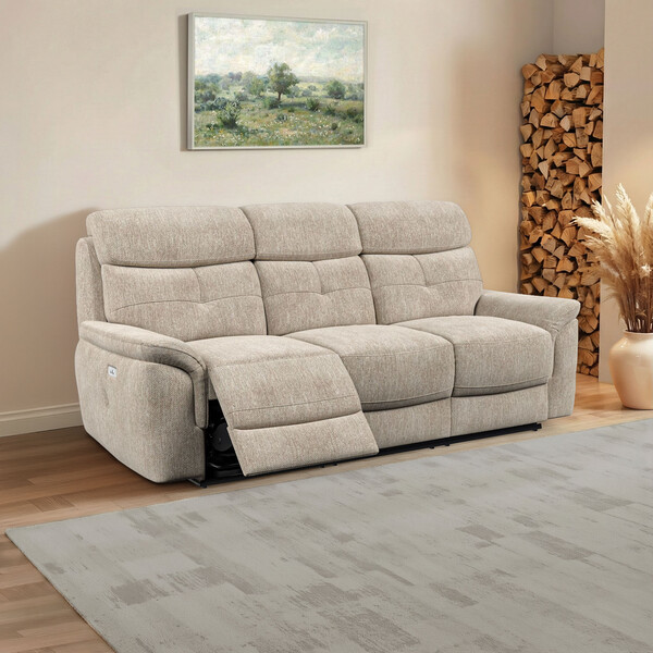 Jetta Beige Fabric Sofas - 3 Seater Electric Recliner Sofa - Iver Range - Oak Furnitureland