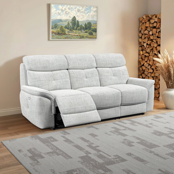 Keswick Dove Grey Fabric Sofas - 3 Seater Electric Recliner Sofa - Iver Range - Oak Furnitureland