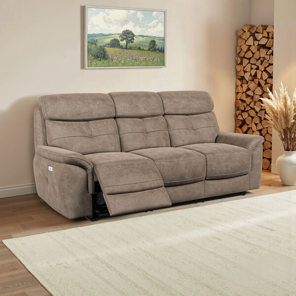 Miller Earth Brown Fabric Sofas - 3 Seater Electric Recliner Sofa - Iver Range - Oak Furnitureland