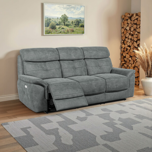 Miller Grey Fabric Sofas - 3 Seater Electric Recliner Sofa - Iver Range - Oak Furnitureland
