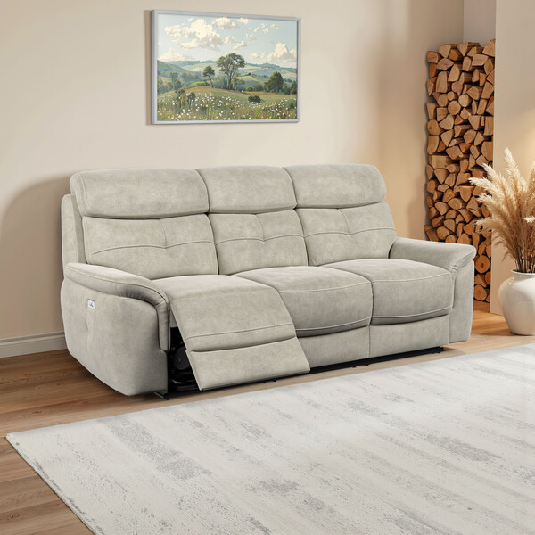 Miller Taupe Fabric Sofas - 3 Seater Electric Recliner Sofa - Iver Range - Oak Furnitureland