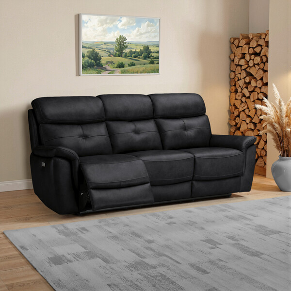 Odyssey Black Leather Sofas - 3 Seater Electric Recliner Sofa - Iver Range - Oak Furnitureland