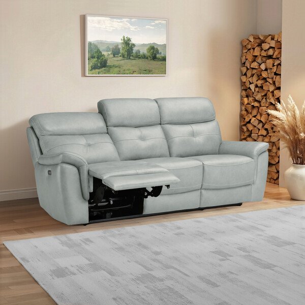 Odyssey Light Grey Leather Sofas - 3 Seater Electric Recliner Sofa - Iver Range - Oak Furnitureland