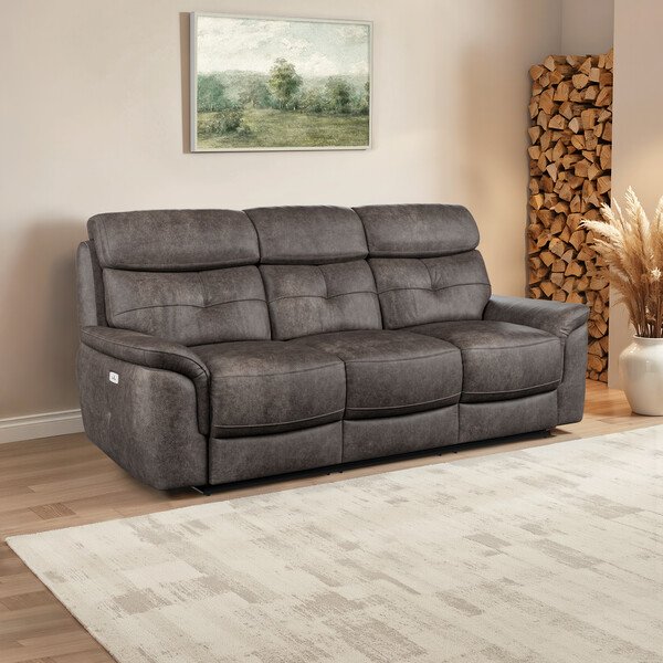 Pilgrim Pewter Fabric Sofas - 3 Seater Electric Recliner Sofa - Iver Range - Oak Furnitureland