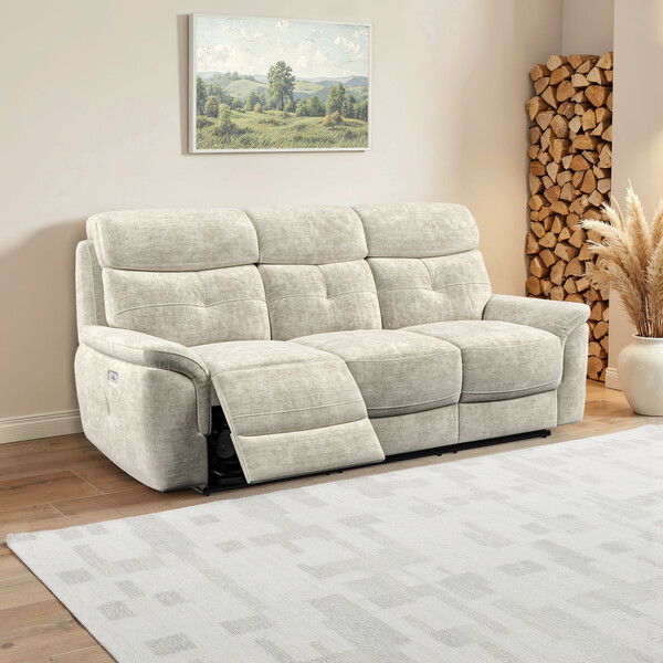 Plush Beige Fabric Sofas - 3 Seater Electric Recliner Sofa - Iver Range - Oak Furnitureland