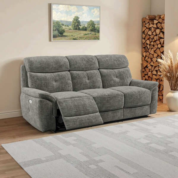 Plush Charcoal Fabric Sofas - 3 Seater Electric Recliner Sofa - Iver Range - Oak Furnitureland