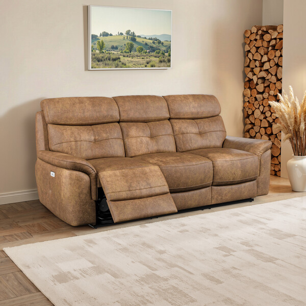 Ranch Brown Fabric Sofas - 3 Seater Electric Recliner Sofa - Iver Range - Oak Furnitureland