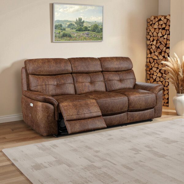 Ranch Dark Brown Fabric Sofas - 3 Seater Electric Recliner Sofa - Iver Range - Oak Furnitureland