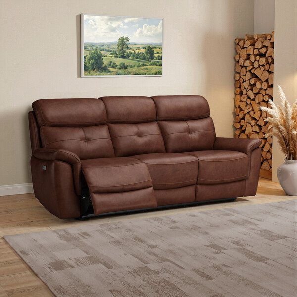Virgo Chestnut Leather Sofas - 3 Seater Electric Recliner Sofa - Iver Range - Oak Furnitureland