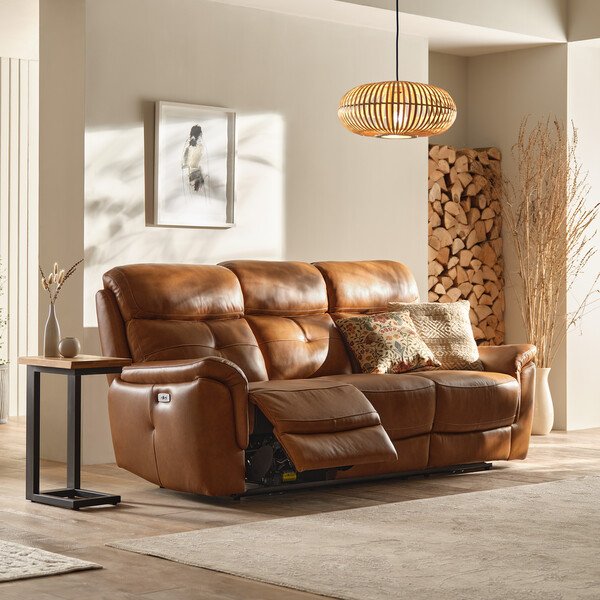 Virgo Cognac Leather Sofas - 3 Seater Electric Recliner Sofa - Iver Range - Oak Furnitureland