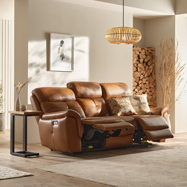 Virgo Cognac Leather Sofas - 3 Seater Electric Recliner Sofa with Power Headrests - Iver Range - Oak Furnitureland