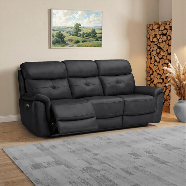 Amara Black Leather Sofas - 3 Seater Electric Recliner Sofa with Power Headrests - Iver Range - Oak Furnitureland