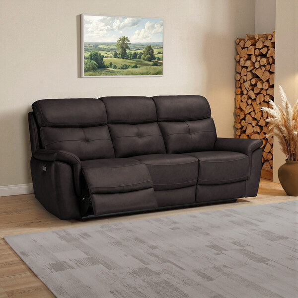 Amara Brown Leather Sofas - 3 Seater Electric Recliner Sofa with Power Headrests - Iver Range - Oak Furnitureland