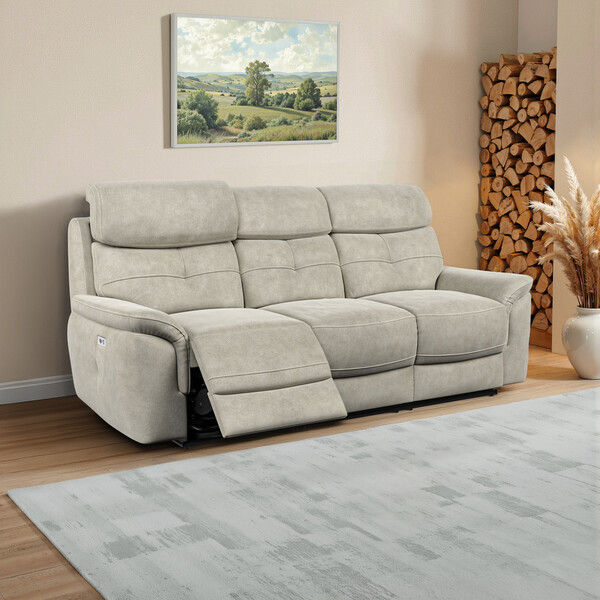 Miller Taupe Fabric Sofas - 3 Seater Electric Recliner Sofa with Power Headrests - Iver Range - Oak Furnitureland