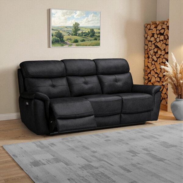 Odyssey Black Leather Sofas - 3 Seater Electric Recliner Sofa with Power Headrests - Iver Range - Oak Furnitureland