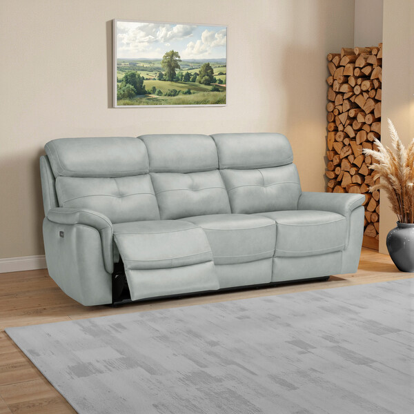 Odyssey Light Grey Leather Sofas - 3 Seater Electric Recliner Sofa with Power Headrests - Iver Range - Oak Furnitureland