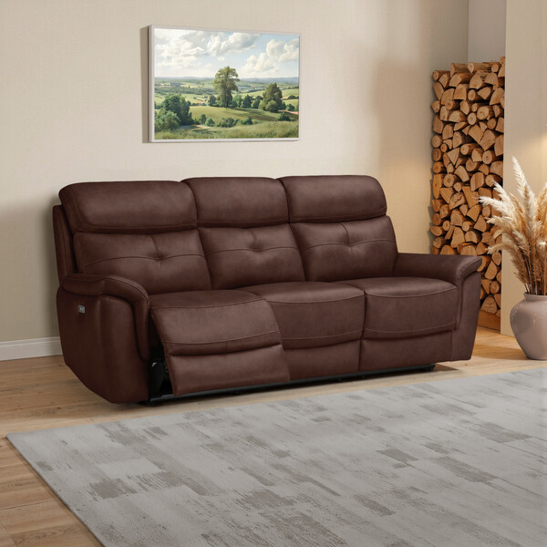 Odyssey Tan Leather Sofas - 3 Seater Electric Recliner Sofa with Power Headrests - Iver Range - Oak Furnitureland