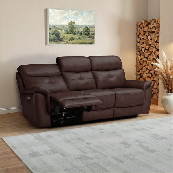 Odyssey Two Tone Brown Leather Sofas - 3 Seater Electric Recliner Sofa with Power Headrests - Iver Range - Oak Furnitureland
