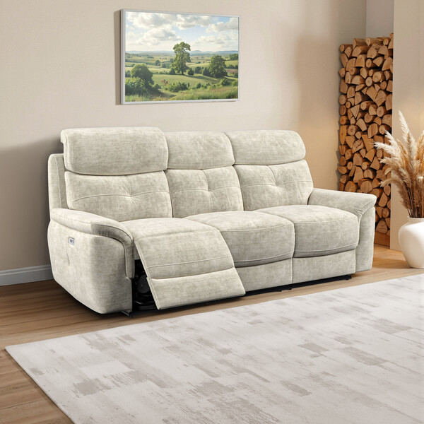 Plush Beige Fabric Sofas - 3 Seater Electric Recliner Sofa with Power Headrests - Iver Range - Oak Furnitureland