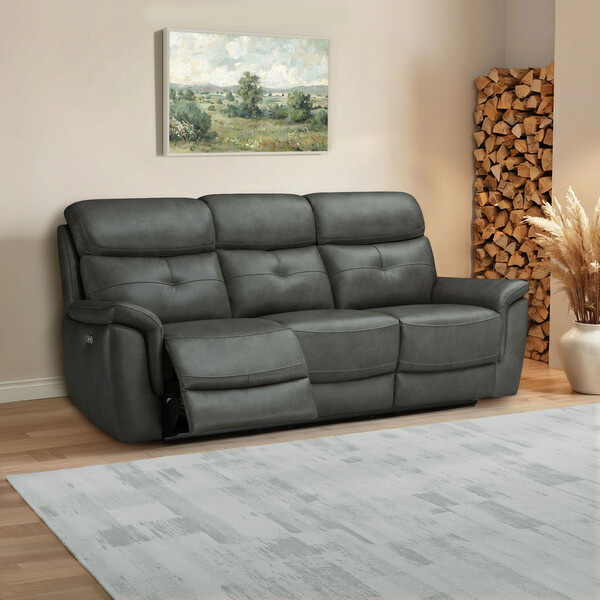 Virgo Lead Leather Sofas - 3 Seater Electric Recliner Sofa with Power Headrests - Iver Range - Oak Furnitureland