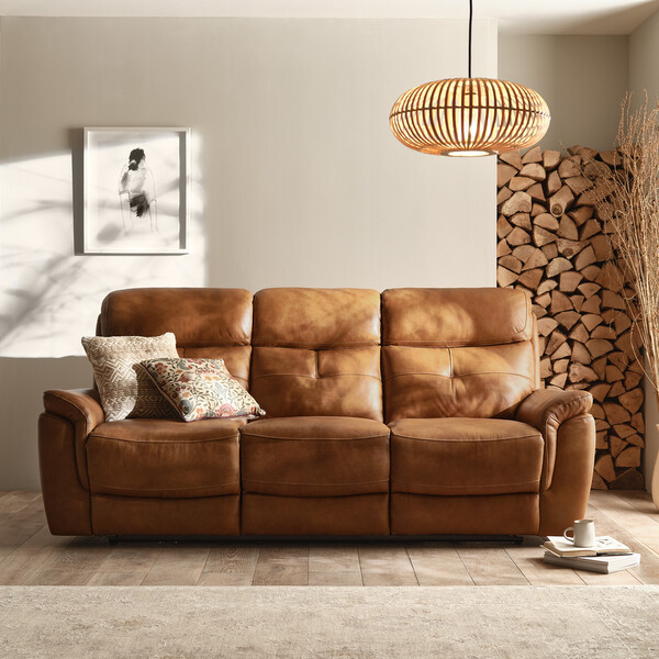 Virgo Cognac Leather Sofas - 3 Seater Sofa - Iver Range - Oak Furnitureland