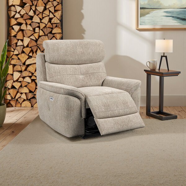 Jetta Beige Fabric Sofas - Electric Recliner Armchair with Power Headrest - Iver Range - Oak Furnitureland