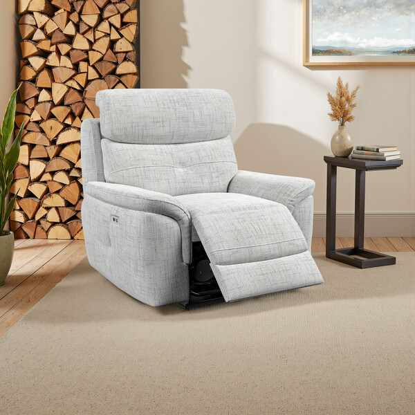 Keswick Dove Grey Fabric Sofas - Electric Recliner Armchair with Power Headrest - Iver Range - Oak Furnitureland
