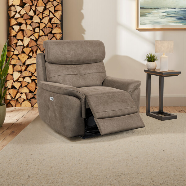 Miller Earth Brown Fabric Sofas - Electric Recliner Armchair with Power Headrest - Iver Range - Oak Furnitureland
