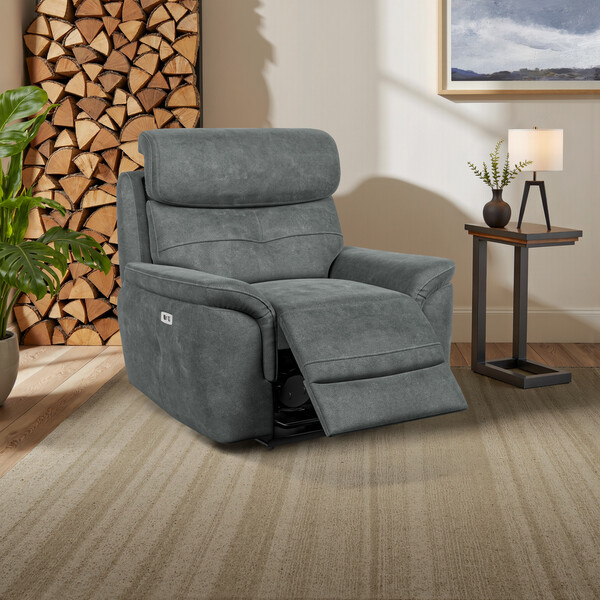 Miller Grey Fabric Sofas - Electric Recliner Armchair with Power Headrest - Iver Range - Oak Furnitureland