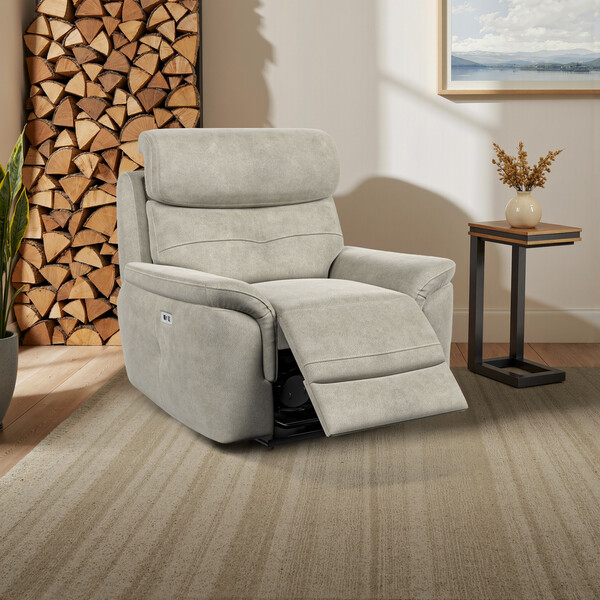 Miller Taupe Fabric Sofas - Electric Recliner Armchair with Power Headrest - Iver Range - Oak Furnitureland