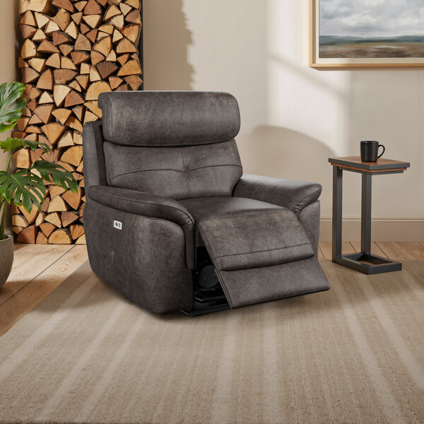 Pilgrim Pewter Fabric Sofas - Electric Recliner Armchair with Power Headrest - Iver Range - Oak Furnitureland