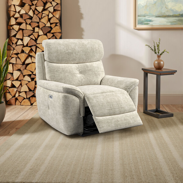 Plush Beige Fabric Sofas - Electric Recliner Armchair with Power Headrest - Iver Range - Oak Furnitureland
