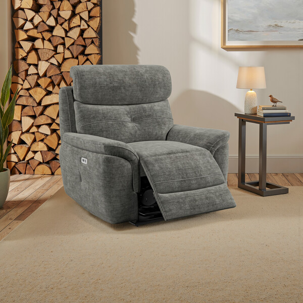 Plush Charcoal Fabric Sofas - Electric Recliner Armchair with Power Headrest - Iver Range - Oak Furnitureland