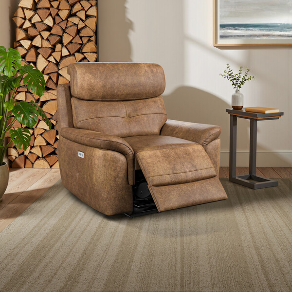 Ranch Brown Fabric Sofas - Electric Recliner Armchair with Power Headrest - Iver Range - Oak Furnitureland