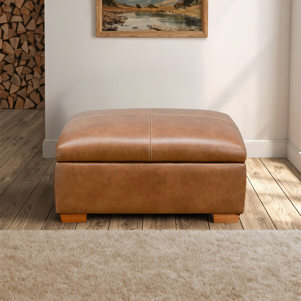 Virgo Cognac Leather Sofas - Storage Footstool - Iver Range - Oak Furnitureland