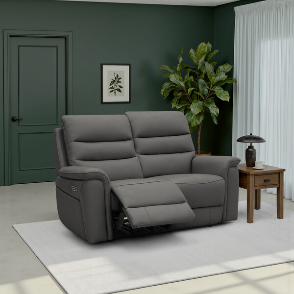Elephant Grey Leather Sofas - 2 Seater Electric Recliner Sofa - Jarrod Range - Oak Furnitureland