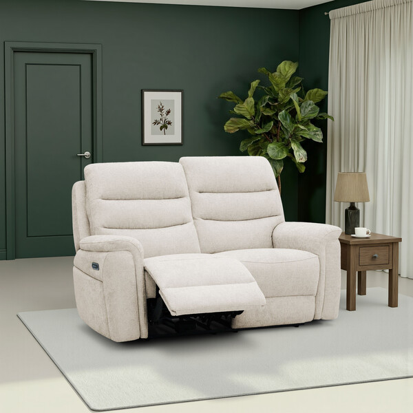Hopsack Natural Fabric Sofas - 2 Seater Electric Recliner Sofa - Jarrod Range - Oak Furnitureland