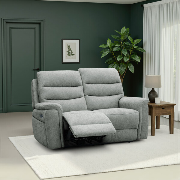 Hopsack Platinum Fabric Sofas - 2 Seater Electric Recliner Sofa - Jarrod Range - Oak Furnitureland