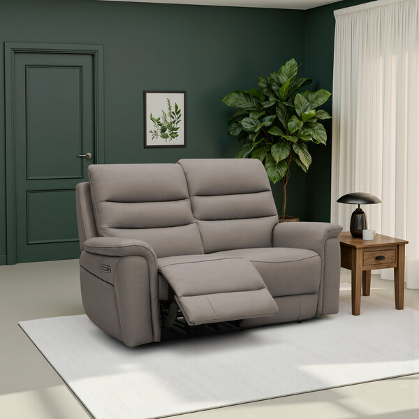 Oyster Leather Sofas - 2 Seater Electric Recliner Sofa - Jarrod Range - Oak Furnitureland