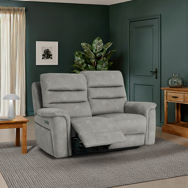 Dexter Stone Fabric Sofas - 2 Seater Recliner Sofa with Power Headrest & Lumbar Support - Jarrod Range - Oak Furnitureland