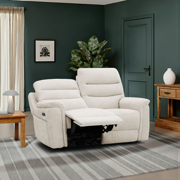 Hopsack Natural Fabric Sofas - 2 Seater Recliner Sofa with Power Headrest & Lumbar Support - Jarrod Range - Oak Furnitureland
