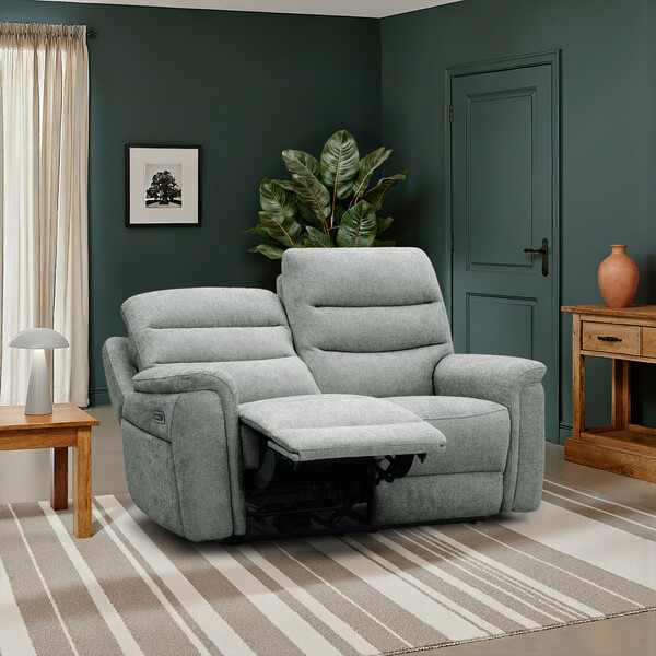 Hopsack Platinum Fabric Sofas - 2 Seater Recliner Sofa with Power Headrest & Lumbar Support - Jarrod Range - Oak Furnitureland