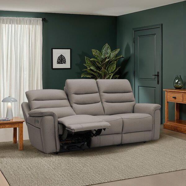Oyster Leather Sofas - 2 Seater Recliner Sofa with Power Headrest & Lumbar Support - Jarrod Range - Oak Furnitureland