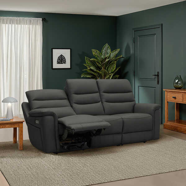 Storm Leather Sofas - 2 Seater Recliner Sofa with Power Headrest & Lumbar Support - Jarrod Range - Oak Furnitureland