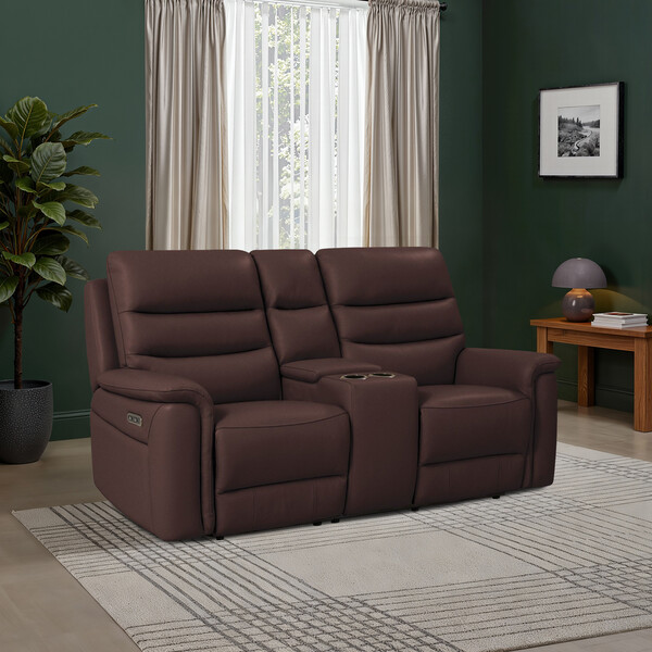 Chestnut Leather Sofas - 2 Seater Electric Recliner Sofa with Console - Jarrod Range - Oak Furnitureland