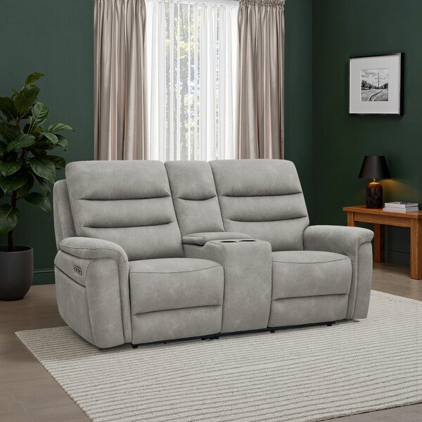 Dexter Stone Fabric Sofas - 2 Seater Electric Recliner Sofa with Console - Jarrod Range - Oak Furnitureland