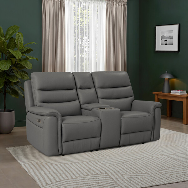 Elephant Grey Leather Sofas - 2 Seater Electric Recliner Sofa with Console - Jarrod Range - Oak Furnitureland