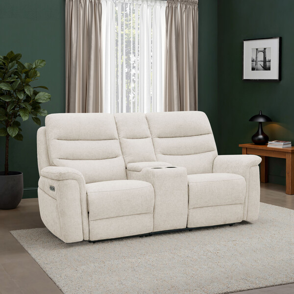 Hopsack Natural Fabric Sofas - 2 Seater Electric Recliner Sofa with Console - Jarrod Range - Oak Furnitureland