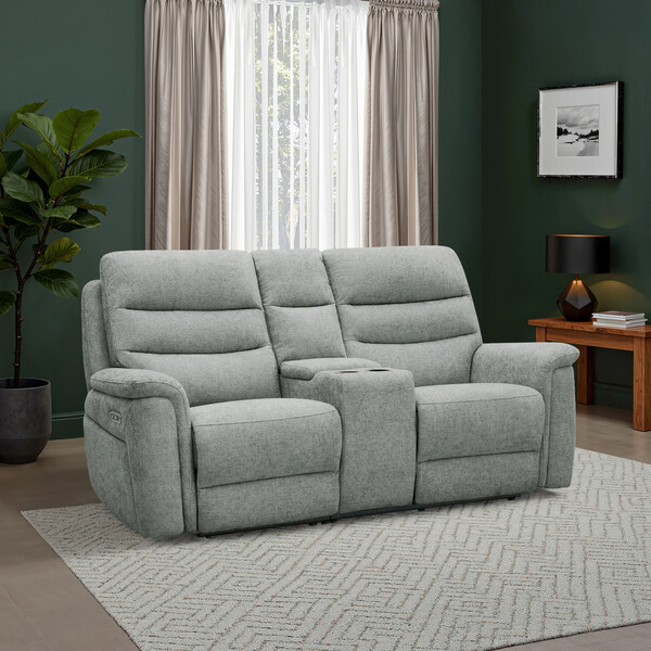 Hopsack Platinum Fabric Sofas - 2 Seater Electric Recliner Sofa with Console - Jarrod Range - Oak Furnitureland