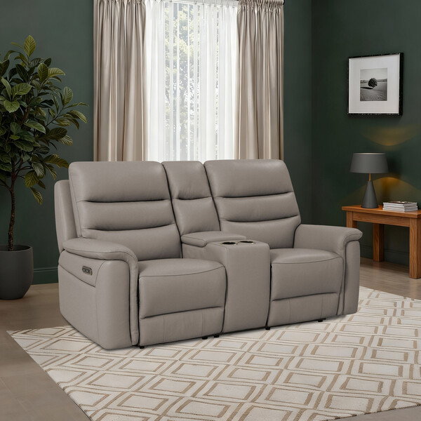 Oyster Leather Sofas - 2 Seater Electric Recliner Sofa with Console - Jarrod Range - Oak Furnitureland